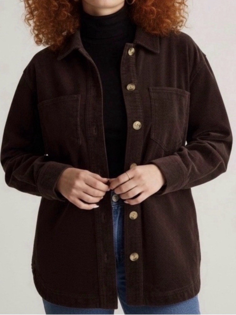 Quince Organic Stretch Corduroy Shirt Jacket Women Sz L Espresso Shacket